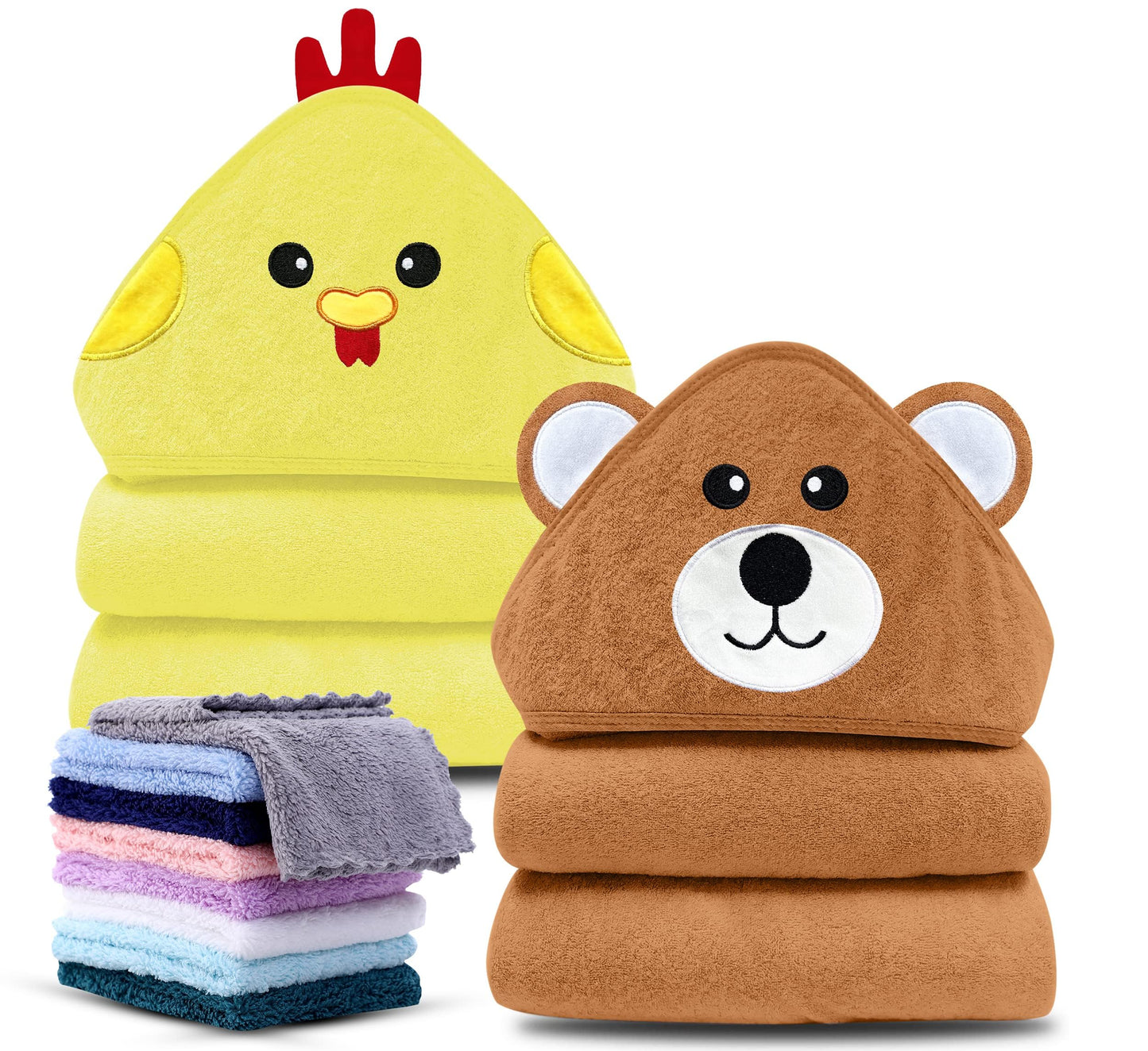 Cute Castle 2 Pack Hooded Baby Towel Rayon Made from Bamboo and 8 Washcloths - Lovely Elephant, Happy Bird