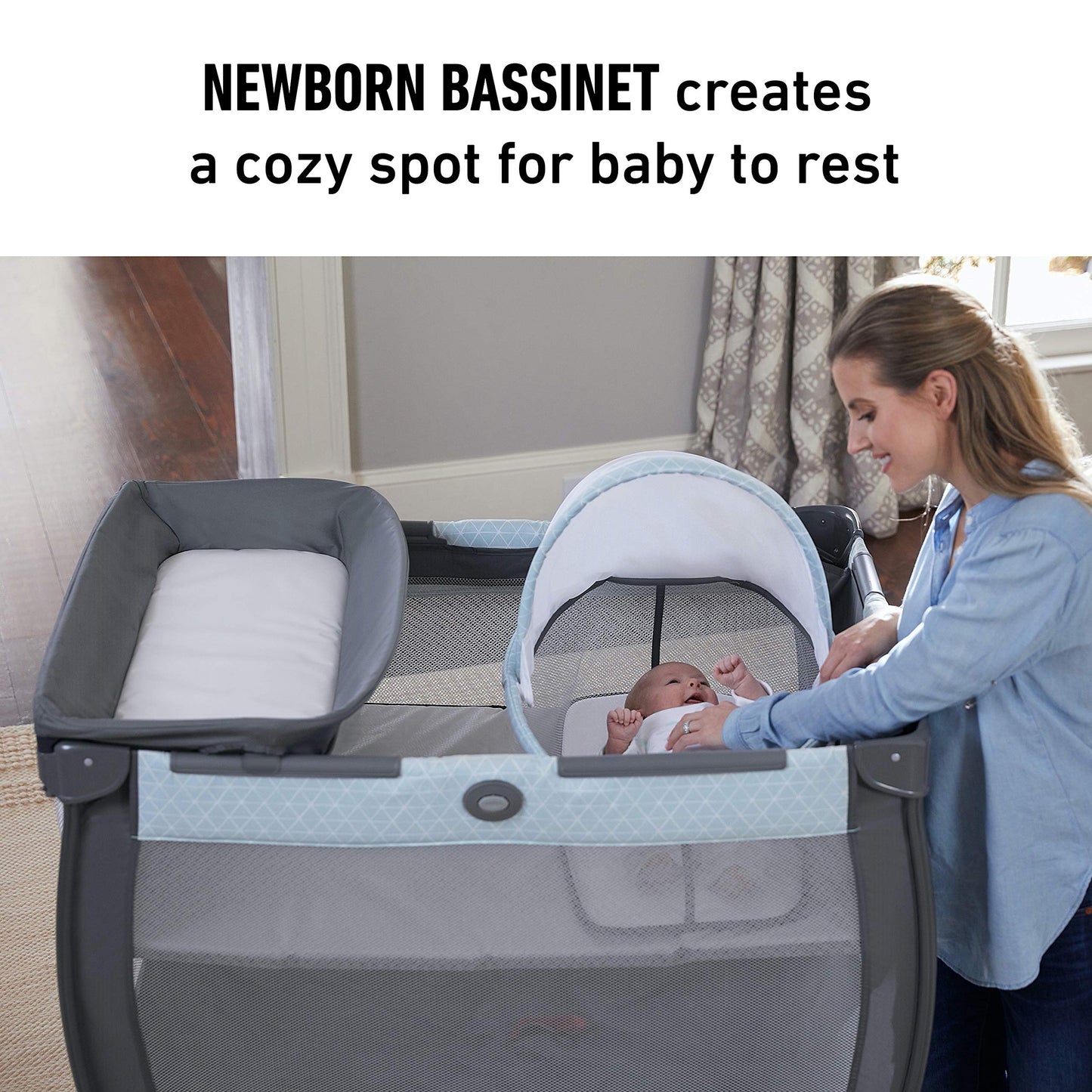 Graco On The Go Zip Pack ‘n Play Playard, Folding Playpen with Bassinet, Portable Crib, Reeves
