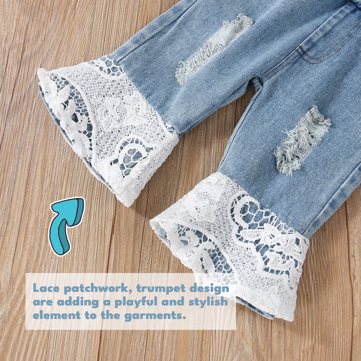 Baby Girl Clothes Set Lace Ruffle Romper Flare Denim Jean Pants and Headband 3Pcs Set Newborn Infant Outfits Set
