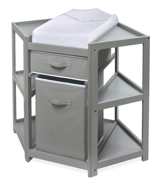 Badger Basket Diaper Corner Baby Changing Table – Space-Saving White Nursery Station with Hamper, Basket & Changing Pad