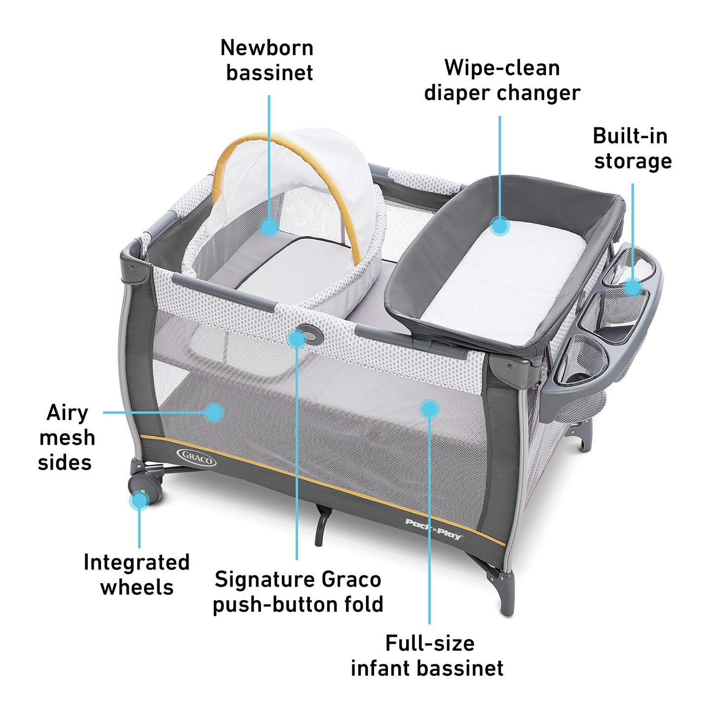 Graco On The Go Zip Pack ‘n Play Playard, Folding Playpen with Bassinet, Portable Crib, Reeves