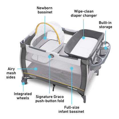 Graco On The Go Zip Pack ‘n Play Playard, Folding Playpen with Bassinet, Portable Crib, Reeves