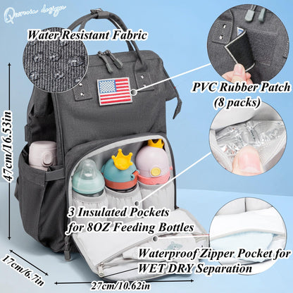 Diaper Bag Backpack for Dad and Mom with USB Charging Port Stroller Straps and Insulated Pocket,army military Travel Nappy Backpack for Daddy/Mommy (Black)