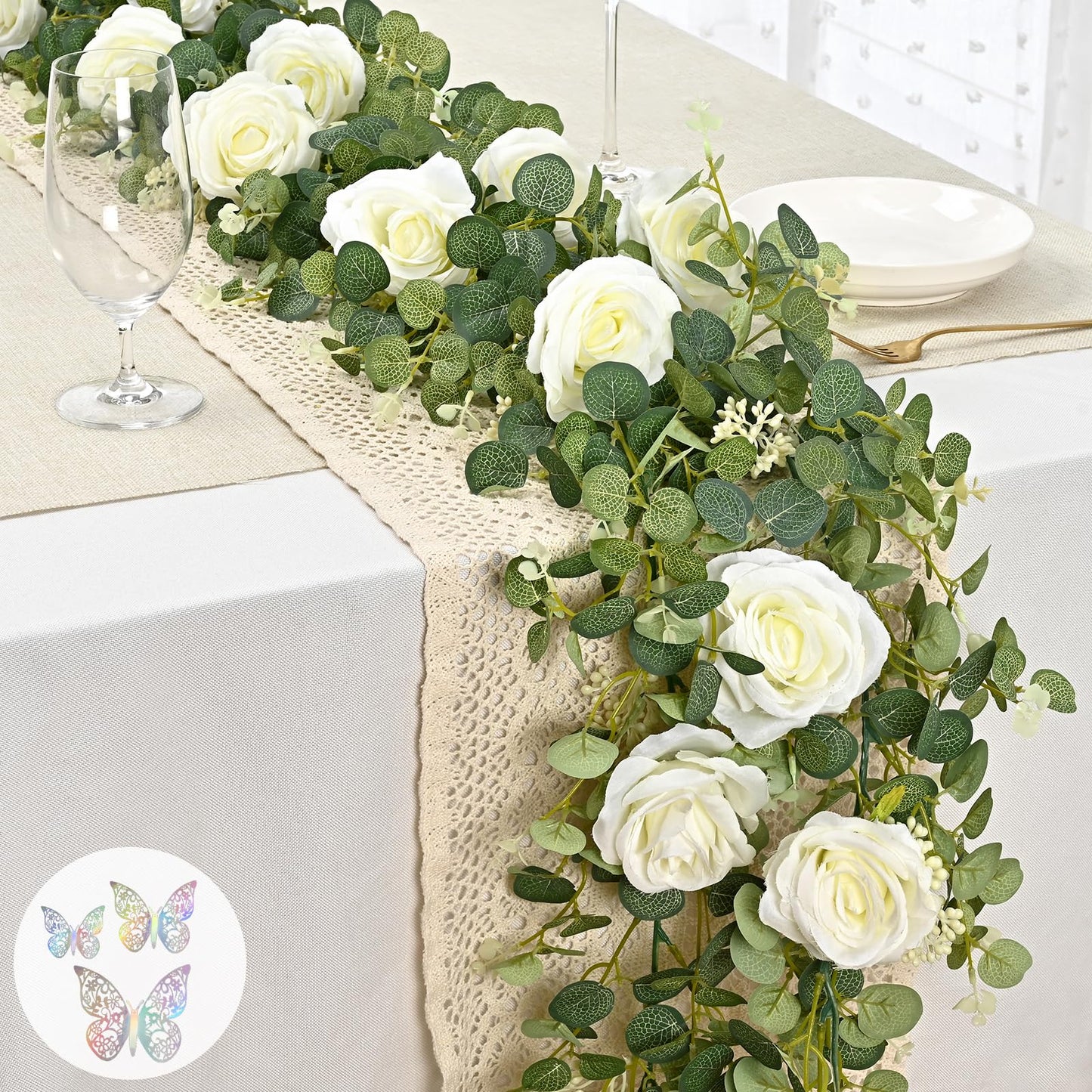 Yastouay 6.4 Ft Fuller Artificial Eucalyptus Garland with Champagne Flowers Fake Rose Vine for Table Centerpiece Wedding Baby Shower Party Room Backdrop Decor
