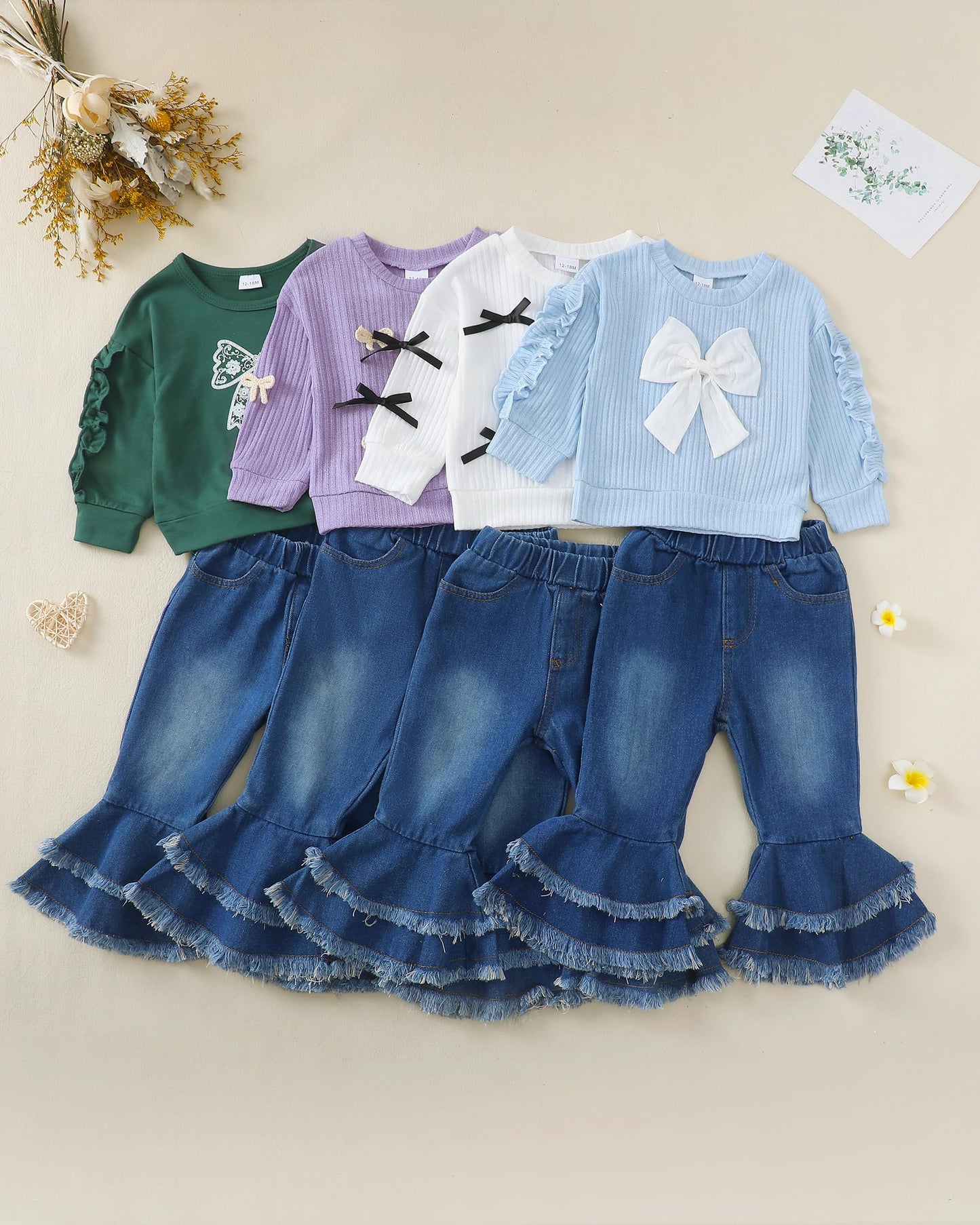 Renotemy Toddler Baby Girl Clothes Fall Winter Outfit, Bow Sweatshirt Denim Bell Bottom Jeans Outfits for 1-5 Year Girls
