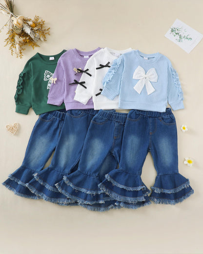 Renotemy Toddler Baby Girl Clothes Fall Winter Outfit, Bow Sweatshirt Denim Bell Bottom Jeans Outfits for 1-5 Year Girls