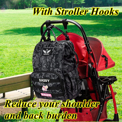 Diaper Bag Backpack for Dad and Mom with USB Charging Port Stroller Straps and Insulated Pocket,army military Travel Nappy Backpack for Daddy/Mommy (Black)