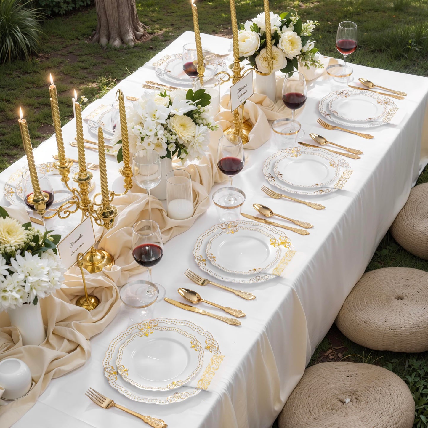 Ciaell 175 PCS White and Gold Plastic Plates - Fancy Gold Disposable Dinnerware Set with of 25 Dinner Plates, 25 Salad Plates, 25 Knives, 25 Forks, 25 Spoons, 25 Cups, 25 Napkins for Weddings Party
