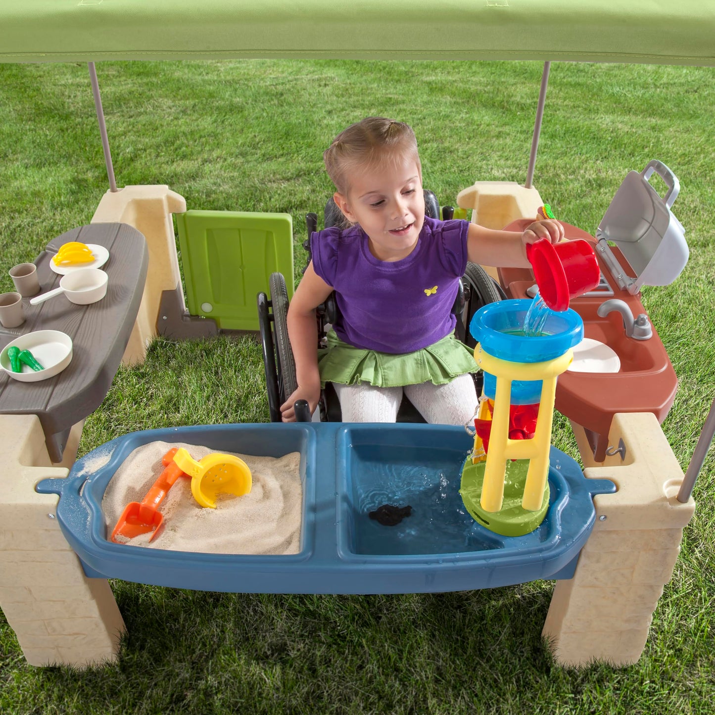 Step2 All Around Playtime Patio with Canopy, Kids Indoor/Outdoor Kitchen Playset & Sensory Playhouse, Made of Durable Plastic, Includes 16 Piece Toy Accessories, For Toddlers 2+ Years Old, Green