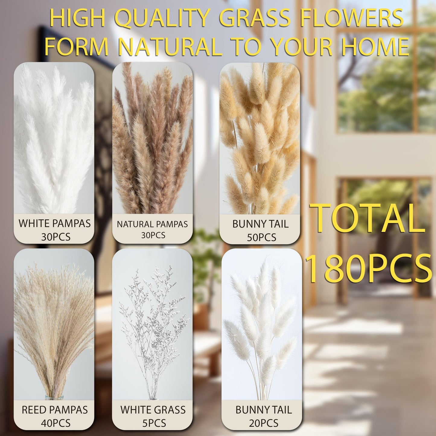 95 PCS Natural Pampas Grass Decor Bouquet | Boho Dried Floral Arrangement Centerpiece Table Decor Wedding Decor Rustic Decor, Natural, white, beige (Fdm-b-01)