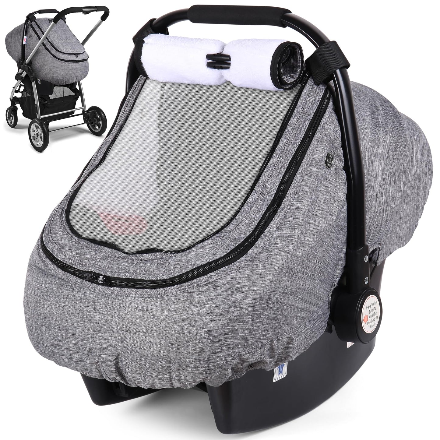 Rquite Car Seat Cover Baby, Carseat Covers Boy Girl, 2 Layers Window -Breathable Mesh & Wind/Sun Shade, Infant Car Seat Canopy Baby Carrier/Stroller Cover, Fit Spring, Fall, Winter, Cold Weather