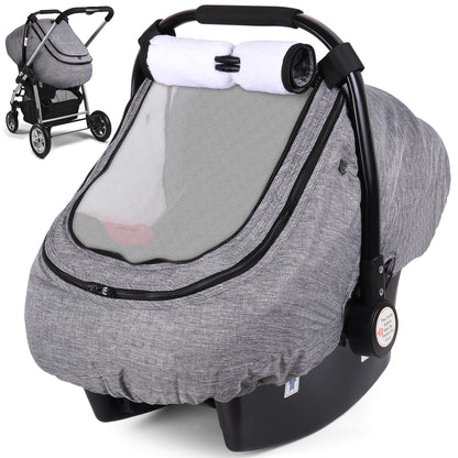 Rquite Car Seat Cover Baby, Carseat Covers Boy Girl, 2 Layers Window -Breathable Mesh & Wind/Sun Shade, Infant Car Seat Canopy Baby Carrier/Stroller Cover, Fit Spring, Fall, Winter, Cold Weather