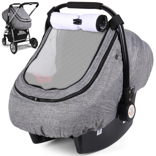 Rquite Car Seat Cover Baby, Carseat Covers Boy Girl, 2 Layers Window -Breathable Mesh & Wind/Sun Shade, Infant Car Seat Canopy Baby Carrier/Stroller Cover, Fit Spring, Fall, Winter, Cold Weather