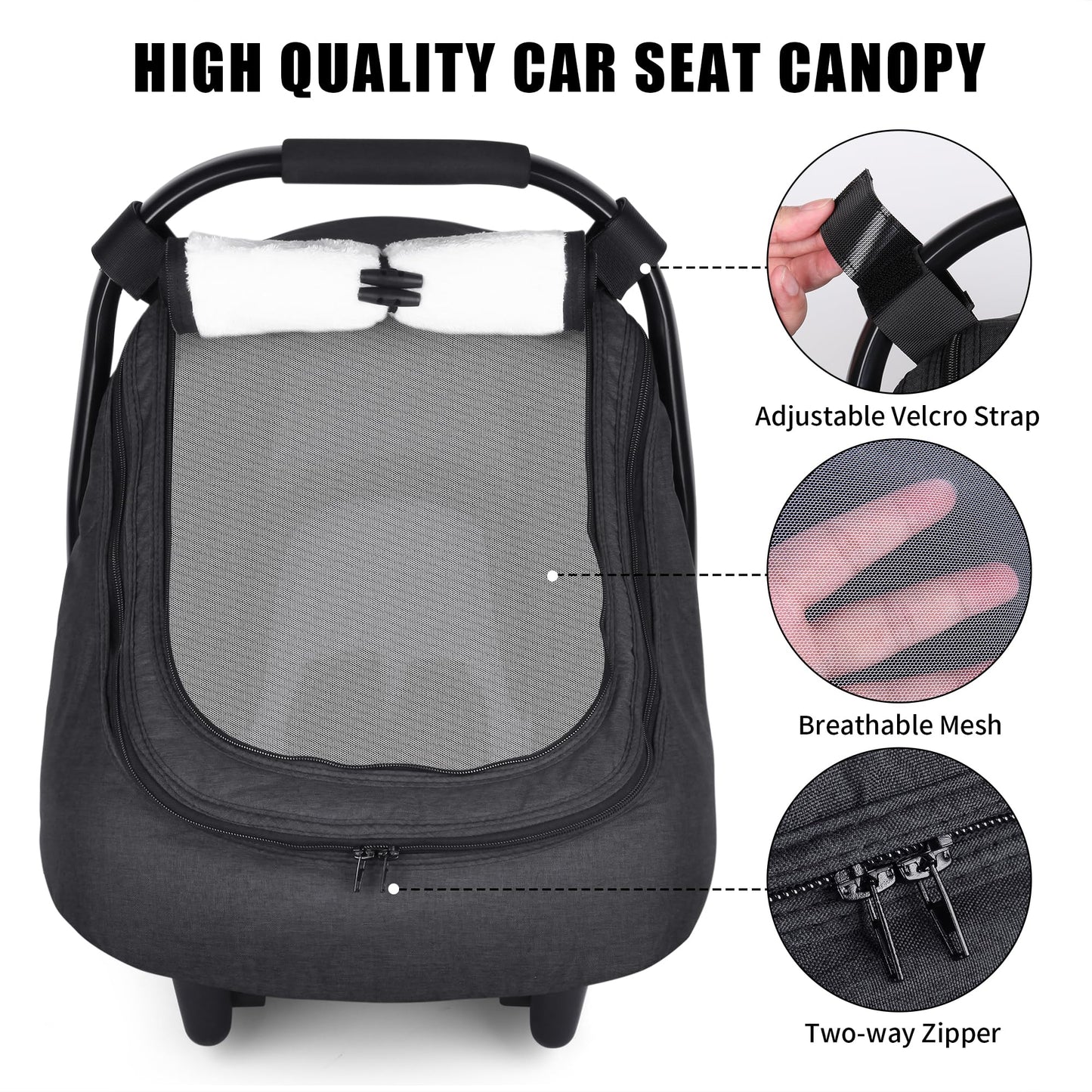 Rquite Car Seat Cover Baby, Carseat Covers Boy Girl, 2 Layers Window -Breathable Mesh & Wind/Sun Shade, Infant Car Seat Canopy Baby Carrier/Stroller Cover, Fit Spring, Fall, Winter, Cold Weather