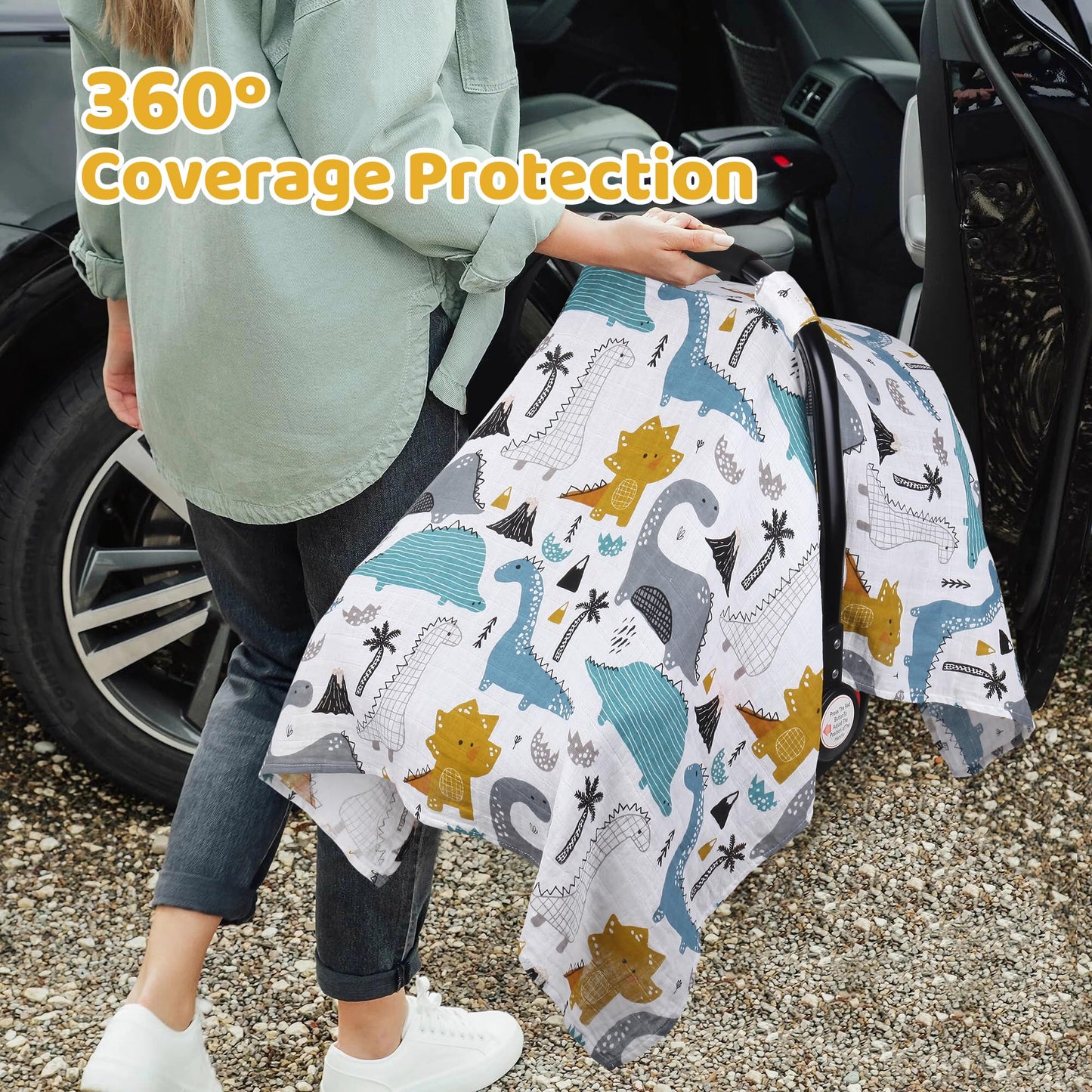 Rquite Car Seat Cover, Muslin Cotton Infant Car Seat Canopy, Breathable Baby Carrier Cover, Summer Stroller Sun Shade, Flower