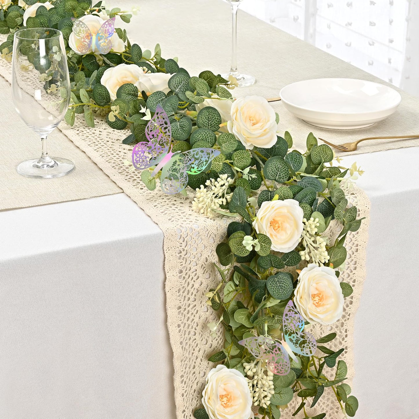 Yastouay 6.4 Ft Fuller Artificial Eucalyptus Garland with Champagne Flowers Fake Rose Vine for Table Centerpiece Wedding Baby Shower Party Room Backdrop Decor