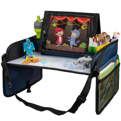 Lusso Gear Kids Travel Tray 2-Pack for Car Seats - Car Seat Tray with Tablet Stand, Mesh Pockets and Cup Holder - Road Trip Essentials Organizer and Activity Desk (Black)