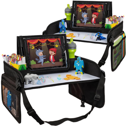 Lusso Gear Kids Travel Tray 2-Pack for Car Seats - Car Seat Tray with Tablet Stand, Mesh Pockets and Cup Holder - Road Trip Essentials Organizer and Activity Desk (Black)