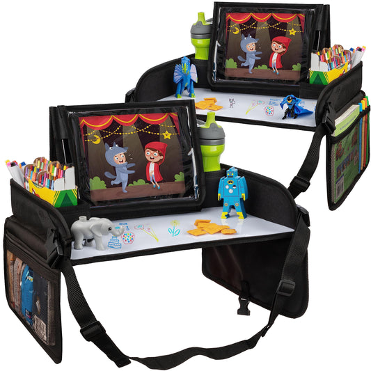 Lusso Gear Kids Travel Tray 2-Pack for Car Seats - Car Seat Tray with Tablet Stand, Mesh Pockets and Cup Holder - Road Trip Essentials Organizer and Activity Desk (Black)
