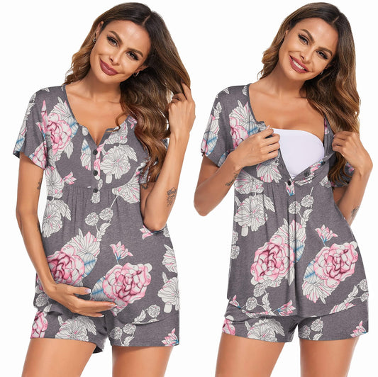 Ekouaer Women's Maternity Nursing Pajama Sets Short Sleeve Postpartum Pajamas Breastfeeding Pregnancy Clothes