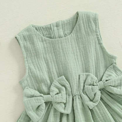 Kupretty Toddler Girl Summer Clothes Baby Solid Linen Outfit Bows Ruffle Tank Tops Shirts + Ruffled Short Set