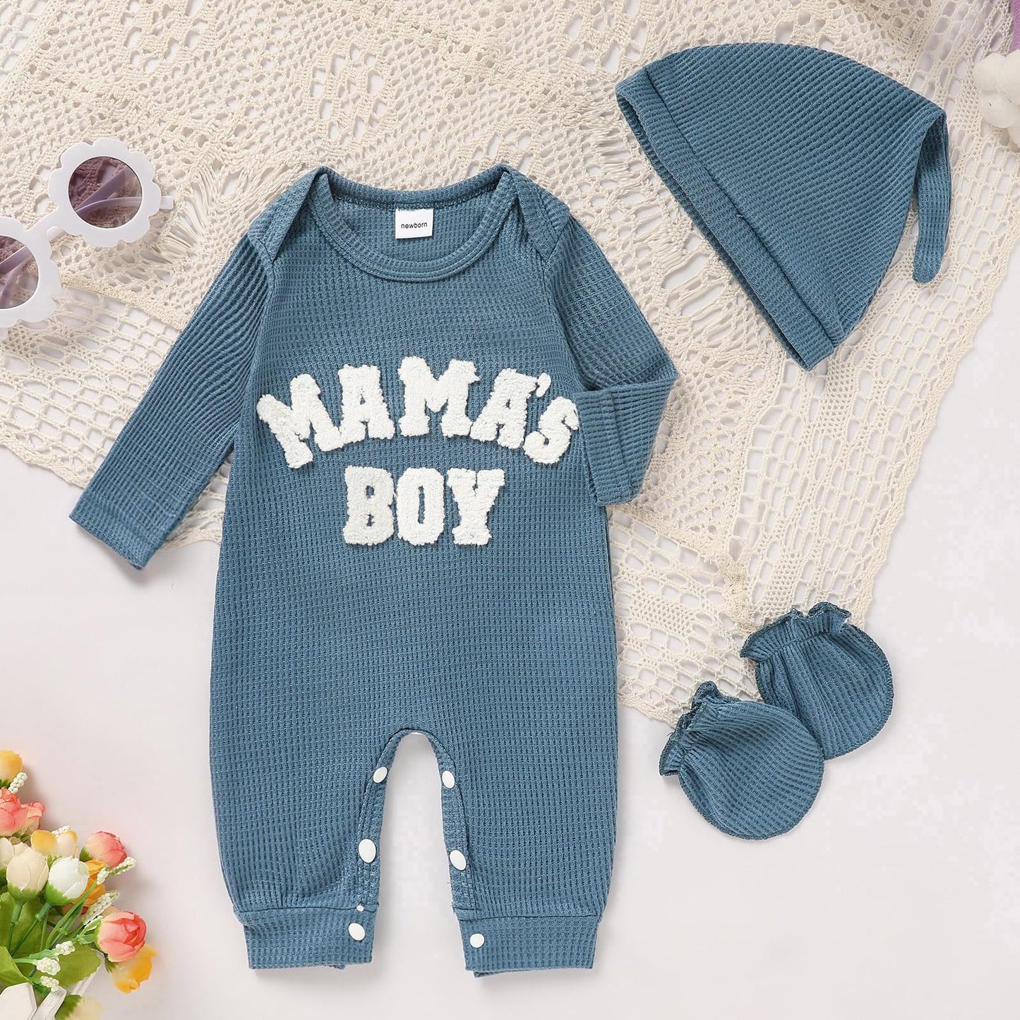 GRNSHTS Newborn Baby Boy Romper Coming Home Outfits Letter Print Bodysuit Jumpsuit+Hat+Gloves 3PCS Clothes Set