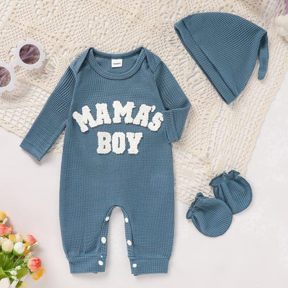 GRNSHTS Newborn Baby Boy Romper Coming Home Outfits Letter Print Bodysuit Jumpsuit+Hat+Gloves 3PCS Clothes Set