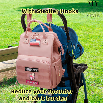 Diaper Bag Backpack for Dad and Mom with USB Charging Port Stroller Straps and Insulated Pocket,army military Travel Nappy Backpack for Daddy/Mommy (Black)
