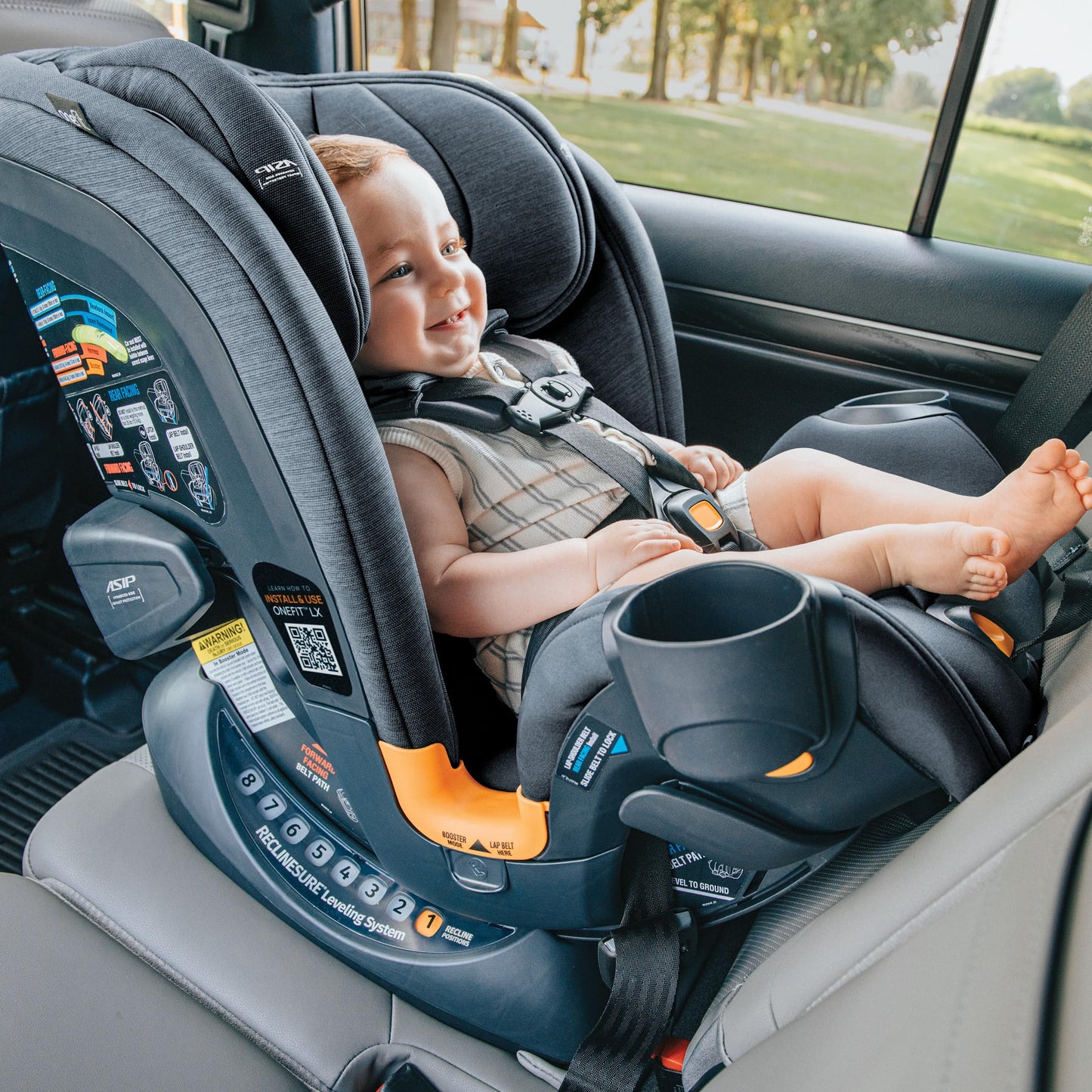 Chicco OneFit ClearTex All-in-One Car Seat, Slim Design, Rear-Facing Seat for Infants 5-40 lbs., Forward-Facing 25-65 lbs., Booster 40-100 lbs., Convertible Car Seat | Lilac/Purple