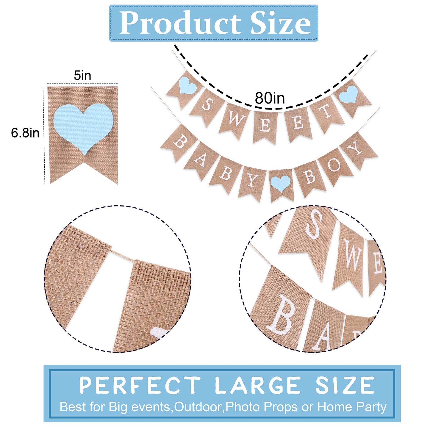 Sweet Baby Boy Burlap Banner - Rustic Baby Shower Decorations, Photo Props (Sweet Baby Boy Blue)