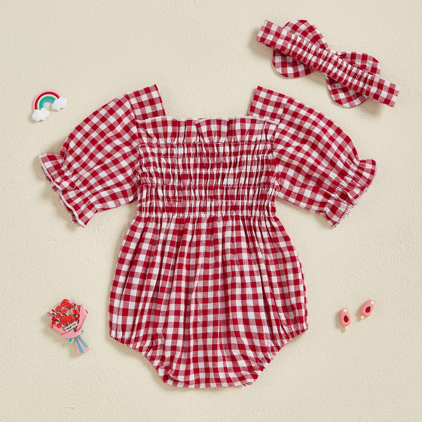 Infant Baby Girls Romper Ruffle Sleeve Pleated Smocked Bubble Plaid One Piece Ruched Jumpsuit Summer Bodysuit