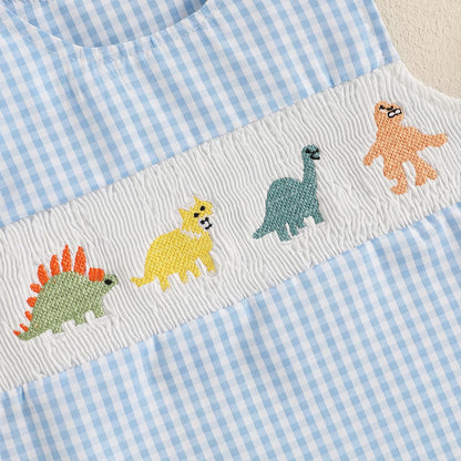 Baby Boy Summer Clothes Sleeveless Embroidery Dinosaur Striped Retro Romper Jumpsuit Smocked Shortall