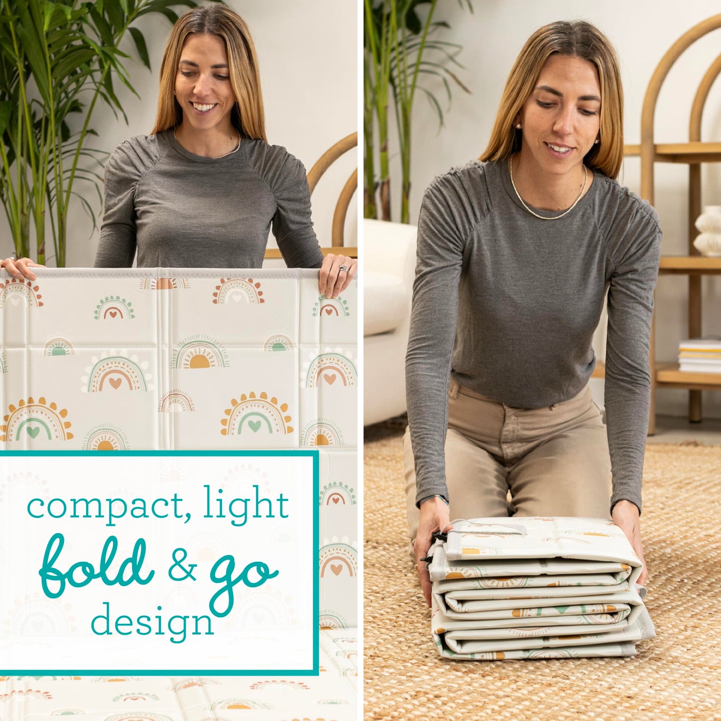 Infantino Foldable Soft Foam Mat, Extra Large Double-Sided Cushioned Portable Play Mat with Fold-Up Sides, Non Slip Crawling & Playing for Infants and Toddlers, Rainbows