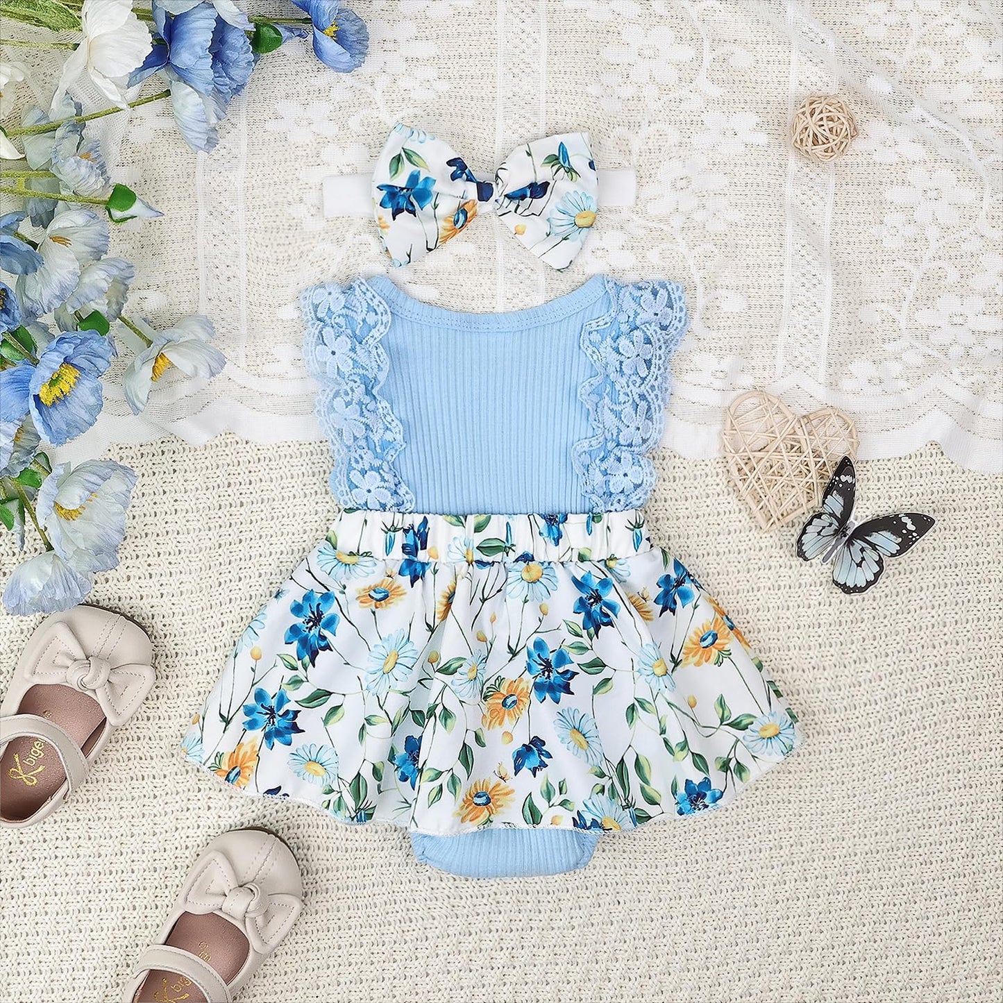 Baby Girl Clothes Newborn Romper Dress Infant Lace Ruffle Sleeveless Summer Outfits with Headband 0-12 Months