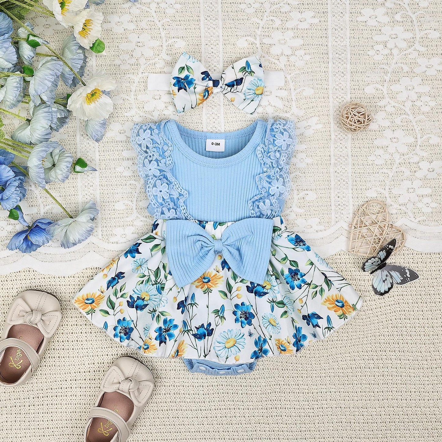 Baby Girl Clothes Newborn Romper Dress Infant Lace Ruffle Sleeveless Summer Outfits with Headband 0-12 Months