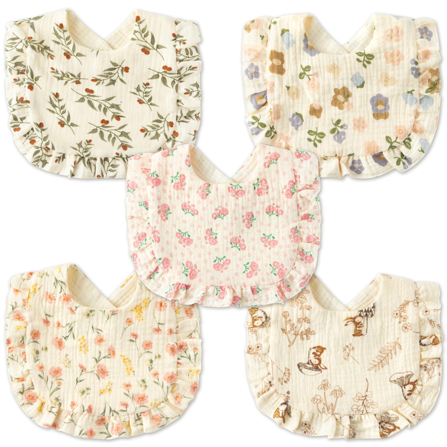 Zainpe 5Pcs Snap Muslin Cotton Baby Drooling Bibs with Flounce Lace Absorbent Layers Soft Burp Cloths for Infant