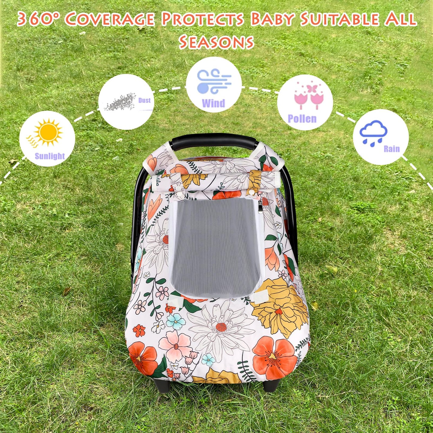 Pea Pod Car Seat Cover Baby, Infant Car Seat Canopy Covers for Newborn with 2 Layers Windows of Breathable Mesh Fabric, Lightweight Polyester/Soft Minky Dot Backing (Floral & Rainbow)