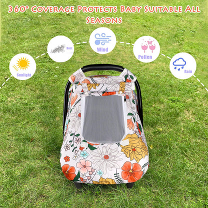 Pea Pod Car Seat Cover Baby, Infant Car Seat Canopy Covers for Newborn with 2 Layers Windows of Breathable Mesh Fabric, Lightweight Polyester/Soft Minky Dot Backing (Floral & Rainbow)