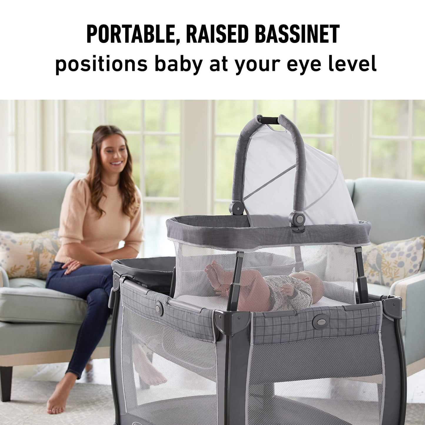 Graco On The Go Zip Pack ‘n Play Playard, Folding Playpen with Bassinet, Portable Crib, Reeves