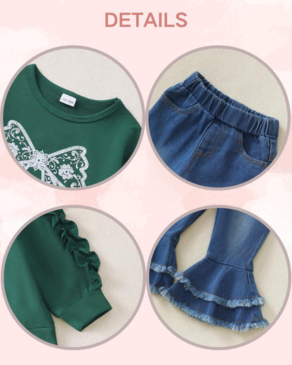 Renotemy Toddler Baby Girl Clothes Fall Winter Outfit, Bow Sweatshirt Denim Bell Bottom Jeans Outfits for 1-5 Year Girls