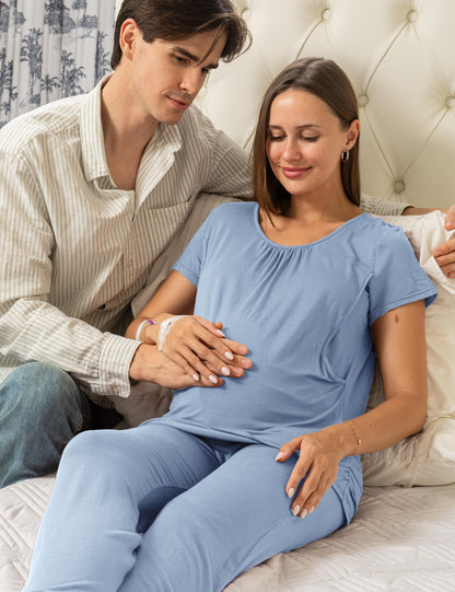 SUNNYBUY Womens Maternity Nursing Pajamas Set, Short Sleeve Breastfeeding Shirts，Pregnancy Shorts & Pants 3 Piece Nursing PJS