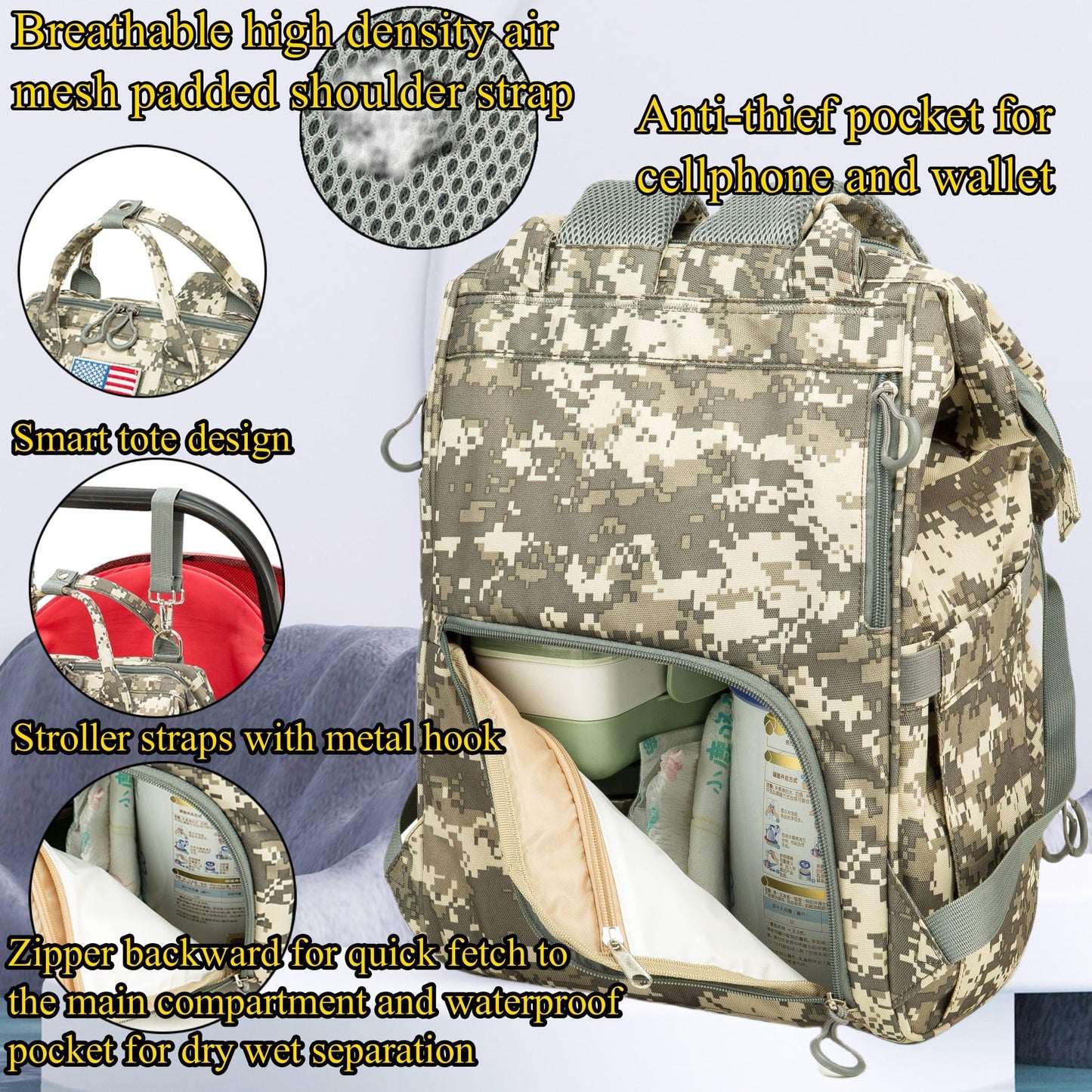 Diaper Bag Backpack for Dad and Mom with USB Charging Port Stroller Straps and Insulated Pocket,army military Travel Nappy Backpack for Daddy/Mommy (Black)