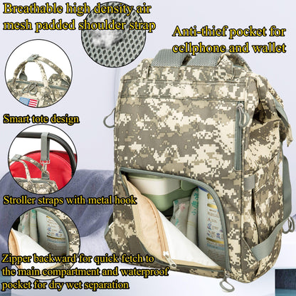 Diaper Bag Backpack for Dad and Mom with USB Charging Port Stroller Straps and Insulated Pocket,army military Travel Nappy Backpack for Daddy/Mommy (Black)