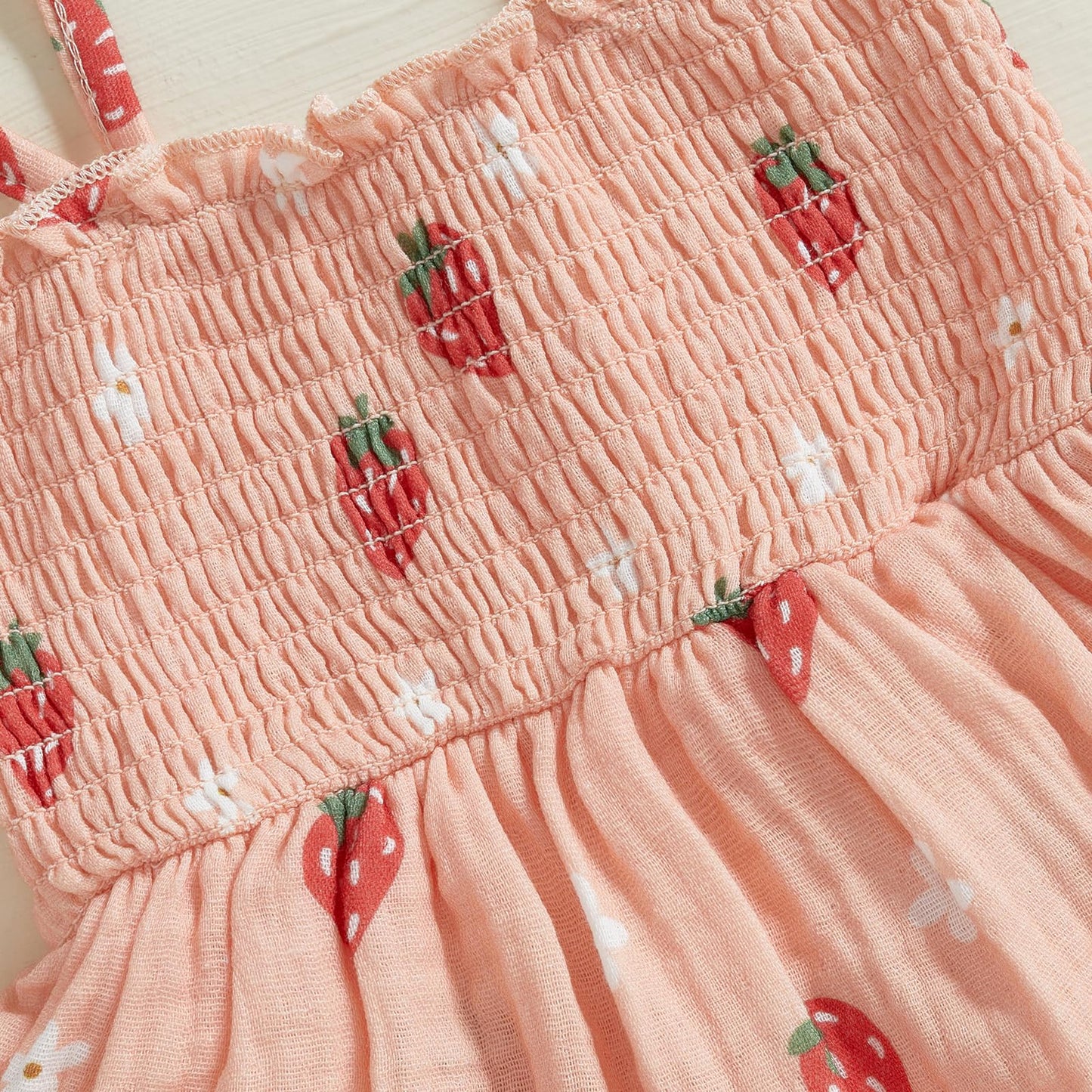 Newborn Baby Girl Romper Dress Sleeveless Tie Up Strap Smocked Strawberry Floral Print Bodysuit Summer Outfit Cotton Clothes