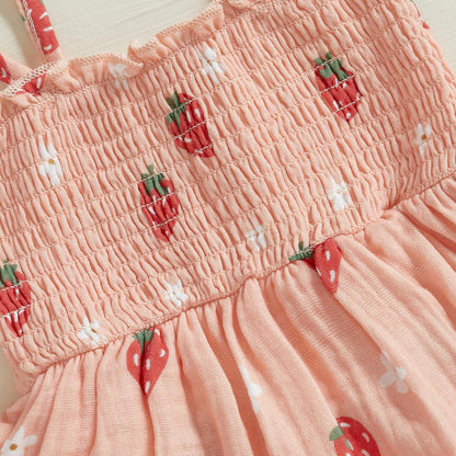Newborn Baby Girl Romper Dress Sleeveless Tie Up Strap Smocked Strawberry Floral Print Bodysuit Summer Outfit Cotton Clothes