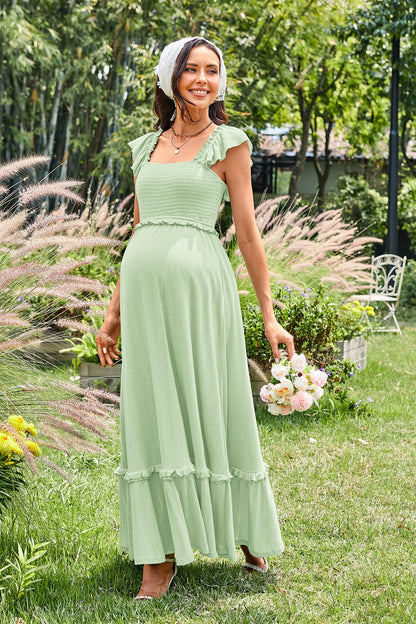 OUGES Womens 2025 Summer Maternity Photoshoot Dress Boho Maxi Smocked Baby Shower Dress Ruffle Sleeve Maternity Clothes
