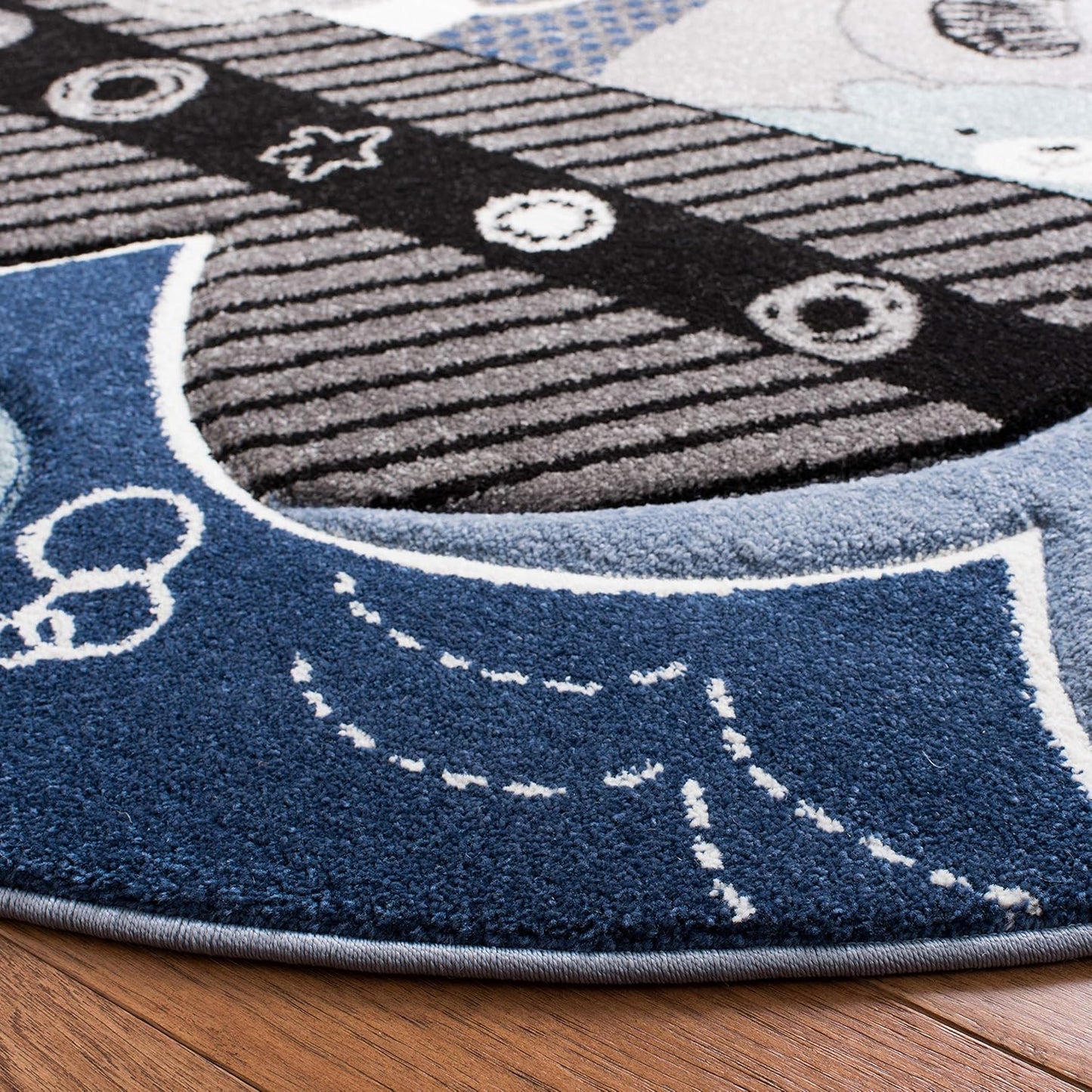 SAFAVIEH Carousel Kids Collection Area Rug - 5'3" Round, Blue & Grey, Animal Design, Non-Shedding & Easy Care, Ideal for High Traffic Areas for Boys & Girls in Playroom, Nursery, Bedroom (CRK121B)