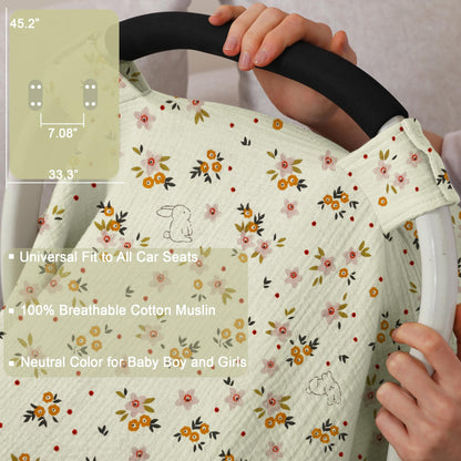 100% Muslin Cotton Car Seat Cover Baby, Carseat Canopy Cover, Universal Fit Stroller Covers for Boys and Girls (Summer Wheat)