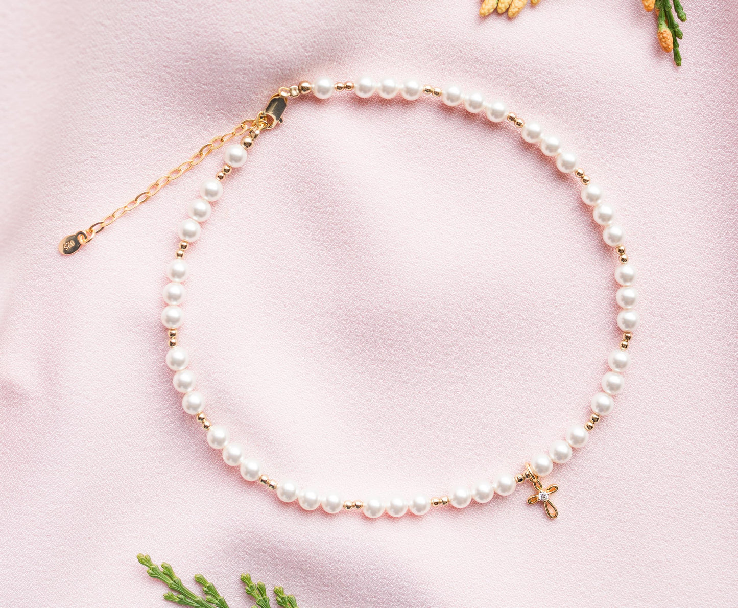 Cherished Moments Children's 14K Gold-plated Bracelet and/or Necklace with High-End Simulated Pearls and Cross Charm for Baptism, Christening or First Communion Gift for Girls