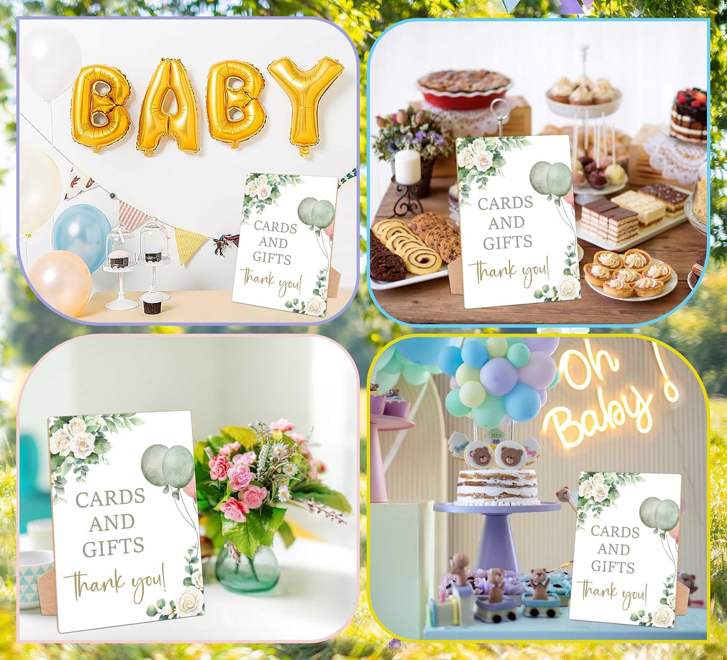 Sage Green Baby Shower Table Sign, Cards and Gifts Sign, Pack of 1 Wooden Tabletop Sign with Stand, Greenery Balloons Baby Shower Supplies, Gender Reveal Party Decorations - RG02